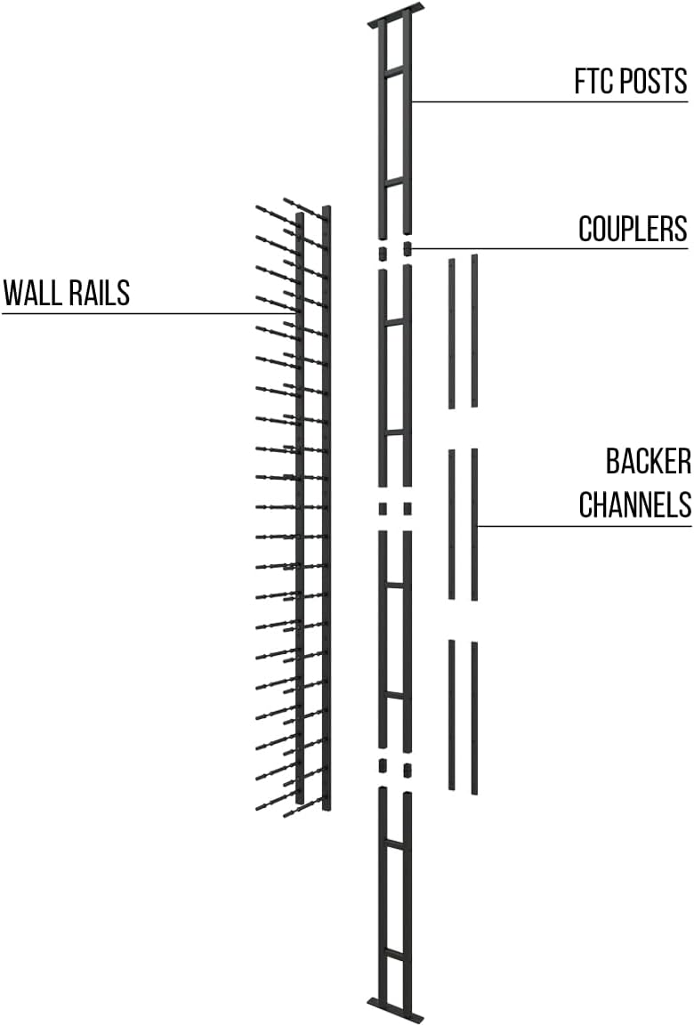 Ultra Wine Racks Floor-to-Ceiling Mount Display (1 Side, Single Deep, Black, Holds 21 Wine Bottles) - Modern Metal Wine Storage for Wine Cellars, Home Bars, Kitchens, and Dining Rooms