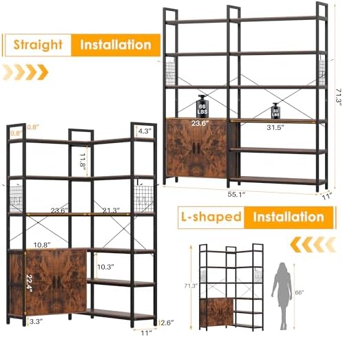 6-tire Farmhouse Corner Book Shelf with 2 Barn Doors and 10 Storage Shelves, ...