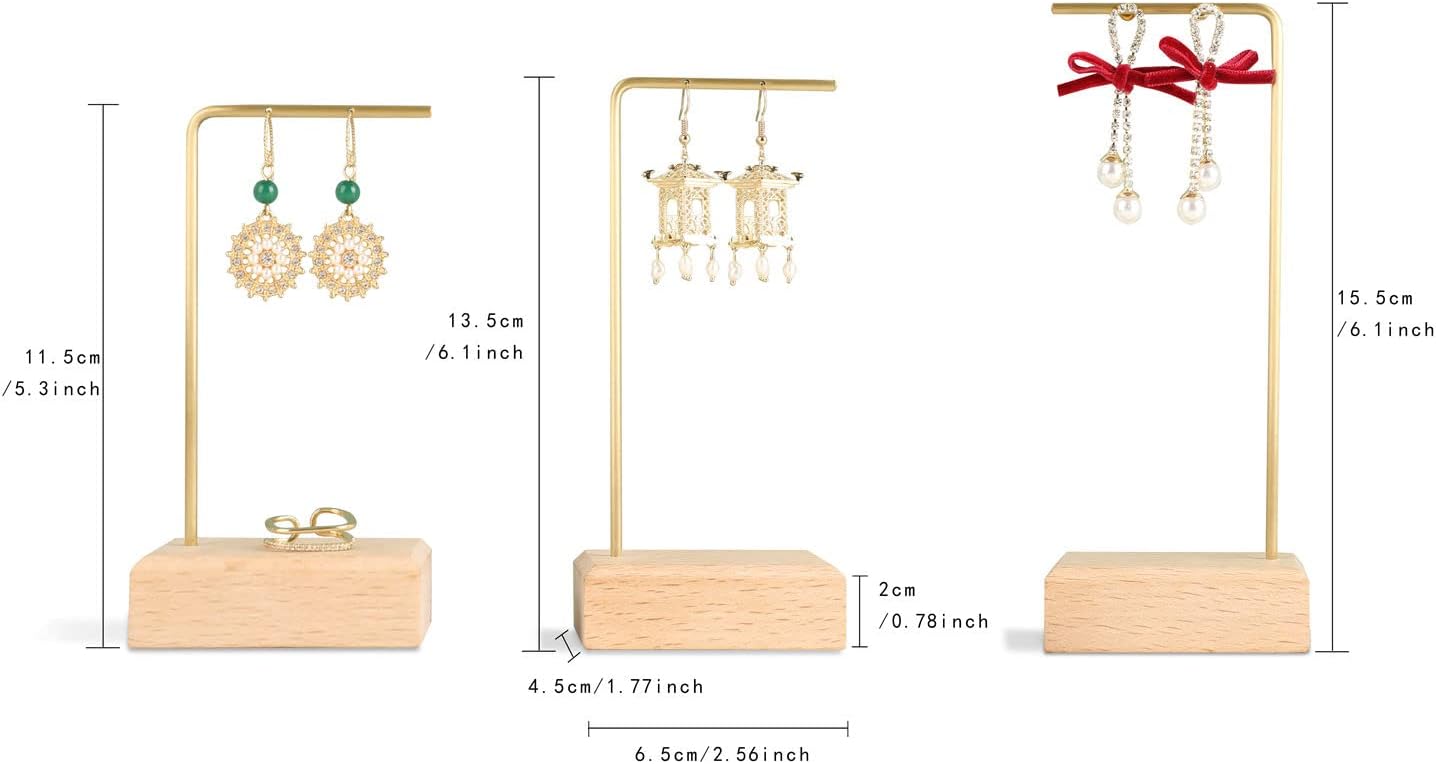GemeShou 3pcs Beech wooden dangle earring stand holder, hoop earring displays for selling jewelry, mini brass earring hanger【Walnut Stand set-3pcs】