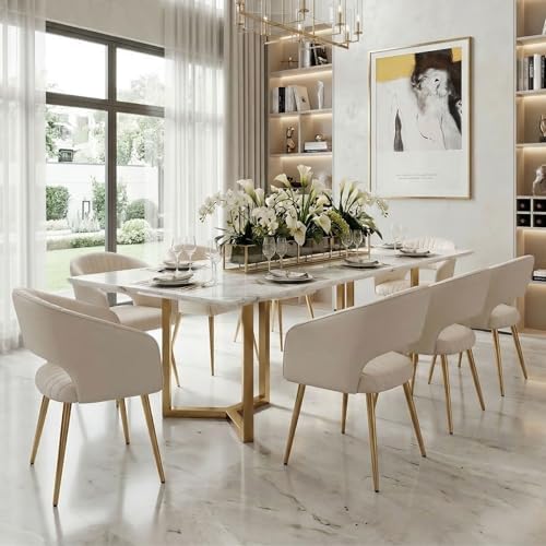 Hyfirm Leather Dining Chairs Set of 6 with Gold Metal Legs, Modern Cream