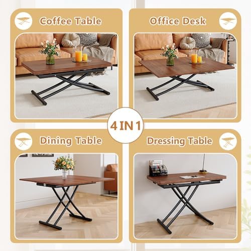Adjustable Height Coffee Table, 4-in-1 Folding Dining Table, Walnut