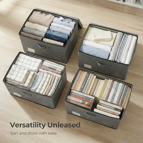 Storage Bins with Lids [3-Pack] Linen Fabric Foldable Storage Boxes Organizer Containers Baskets Cube with Cover for Bedroom Closet Office Grey(23.4X15.9X11.4)