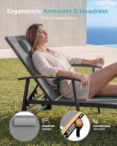 Ciokea Outdoor Lounge Chair with Pillow Set of 2, 5-Position Aluminum Chaise ...