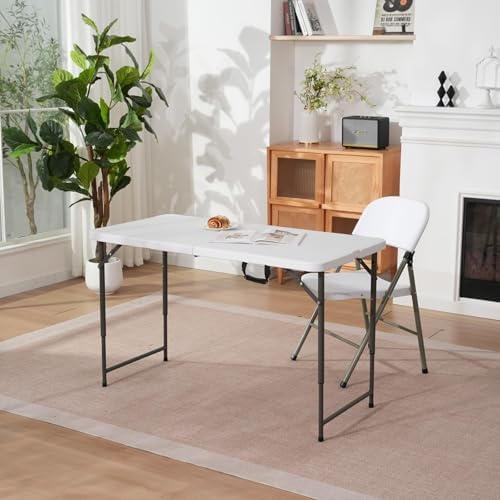 4ft Folding Table with Adjustable Height, 2-Level Foldable Table with HDPE To...