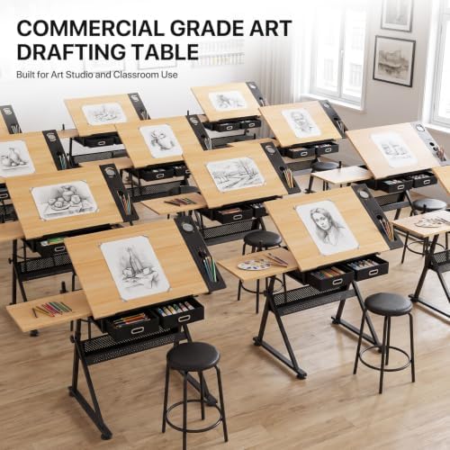 Athena Collection Wooden Drafting Table W/Stool, Tilting Art Desk, Natural