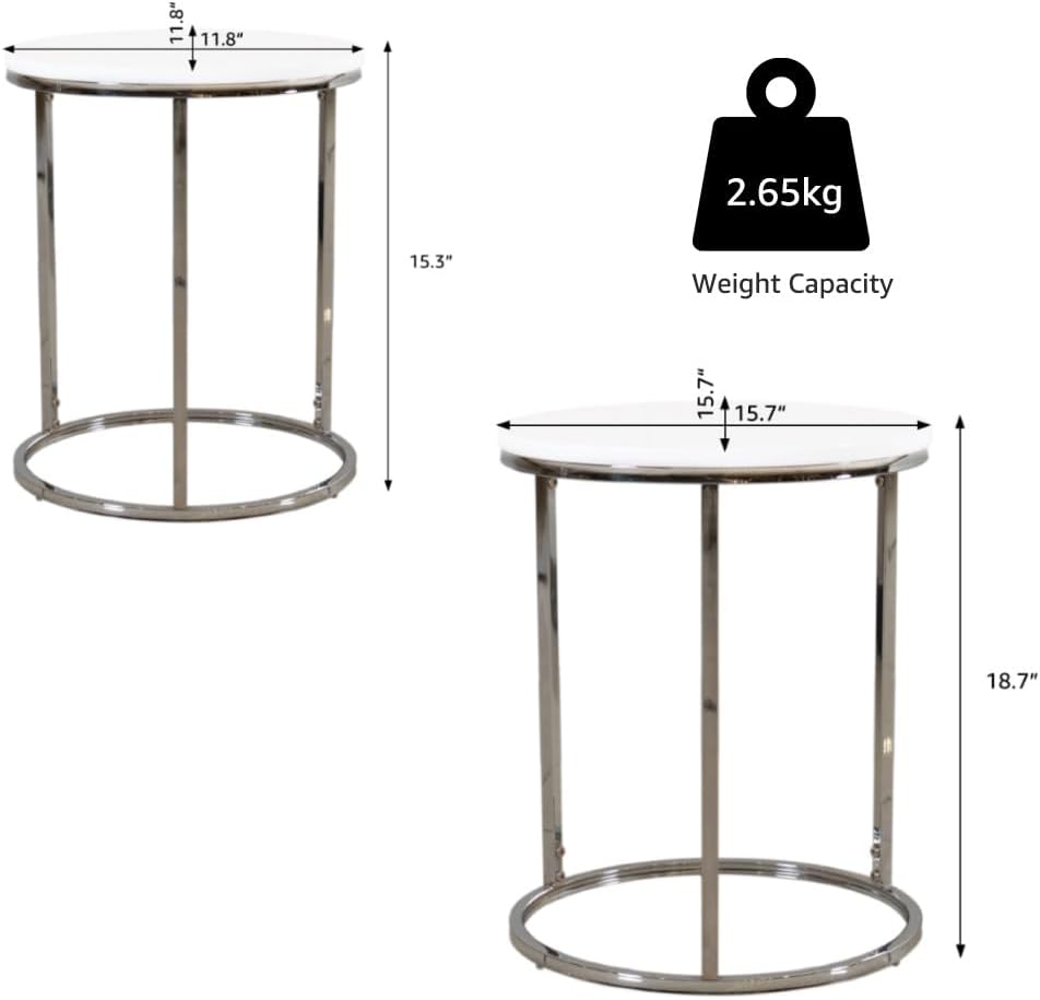 Nesting Coffee Table Set of 2 White Silver | Round Stacking Side Tables for S...