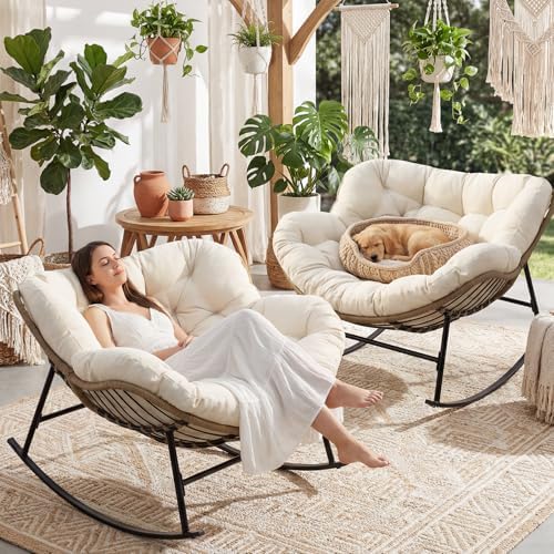 FINCATI 2 PCS Outdoor Rocking Chair, Oversized Papasan Rocking Chair | 450 Lb...