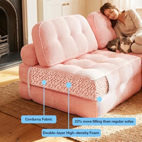 Folding Sofa Bed, Flannel Futon Couch Bed with Pillow and Blanket, Convertibl...