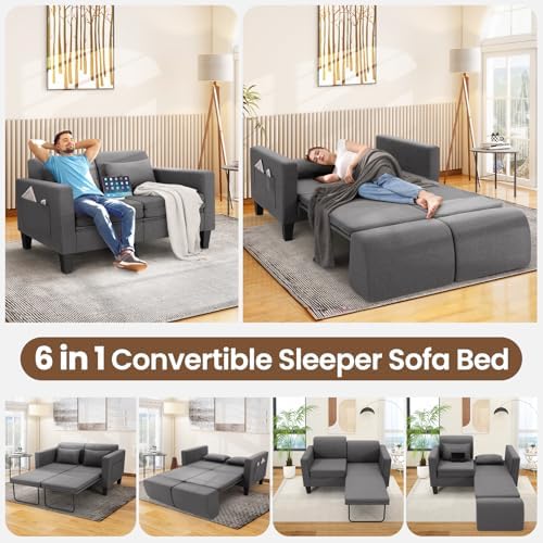 SEJOV 6-in-1 Convertible Sofa Bed, 58" Loveseat Sleeper Sofas, Gray | Pu...