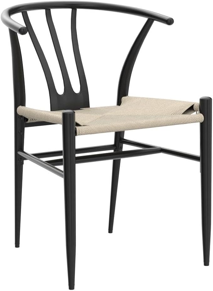 Yaheetech Weave Dining Chairs Set of 2 Mid-Century Modern Dining Room Chairs with Weave Hemp Seat and Metal Legs for Kitchen, Living Room, Restaurant, Black