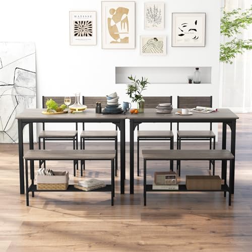 Giantex Dining Table Set for 4, Kitchen Table with Bench and Chairs, Industri...