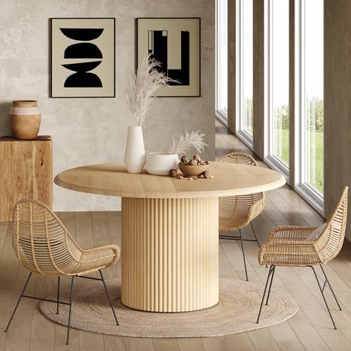 LITTLE TREE 47 Inches Round Dining Table for 4, Farmhouse Natural Wooden Dini...