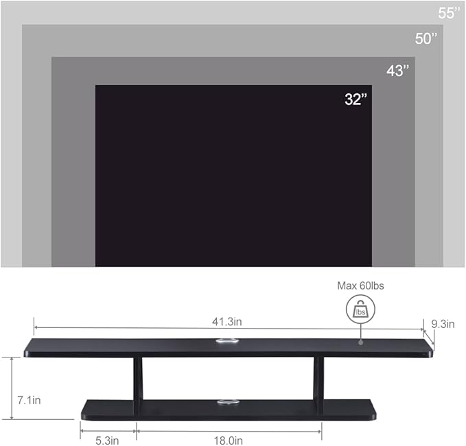 GHC Floating TV Stand, Wall Mounted Entertainment Center and Cabinet Shelf, TV Console with Storage, Media Console for DVD Player, Space-Saving Under TV Shelf for Bedroom, Living Room (Black)