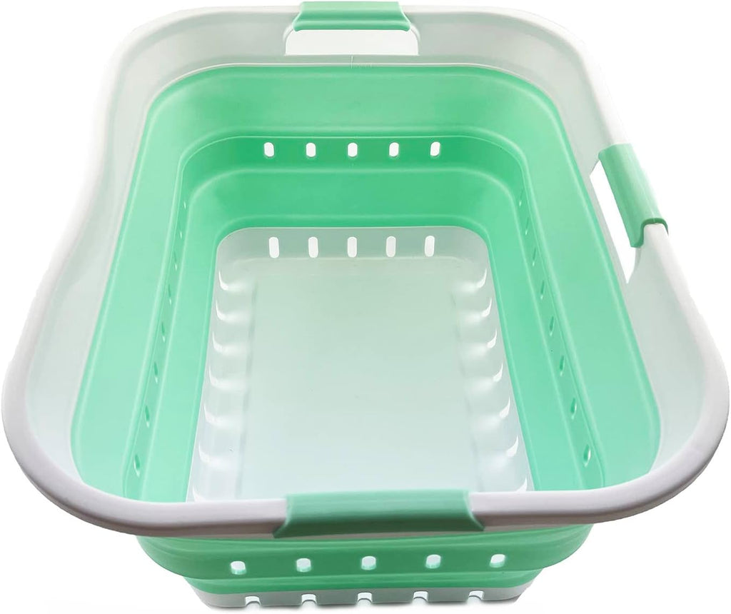 SAMMART 42L (11 gallon) Collapsible Plastic Laundry Basket - Foldable Pop Up Storage Container/Organizer - Portable Washing Tub - Space Saving Hamper/Basket (White/Pale Jade)