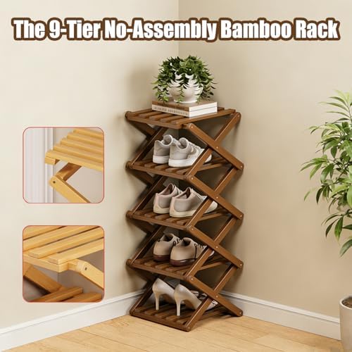 The 9-Tier No-Assembly Bamboo Rack, 3/5/7/9/10 Tier Bamboo Shoe Rack, Foldable Bamboo Shoe Organizer, Narrow Shoe Shelf for Entryway, Closet, Corner, Bedroom, Hallway (Brown, 10tier)
