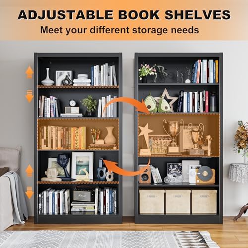 VASAAOSD 66" Tall Metal Bookcase, 5 Shelf Black Bookcase with Adjustable...