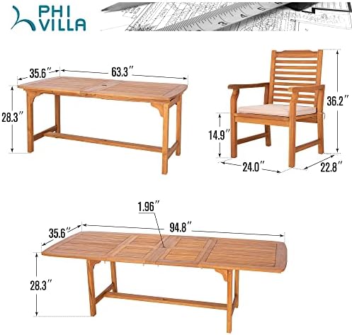 PHI VILLA 9pc Outdoor Dining Set, Expandable Wood Table & Chairs for 8