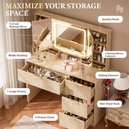 COMHOMA Vanity Desk with 3-Way Mirror and Lights, Makeup Vanity with 360° Vie...