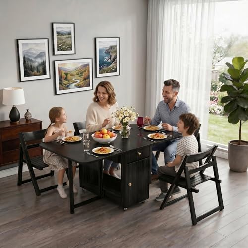 Small Foldable Dining Table - 59" Fully Assembled Drop Leaf Tables for S...