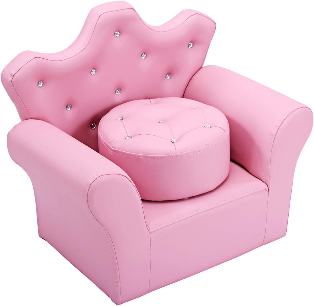 Costzon Kids Sofa, Children Upholstered Sofa with Ottoman, Princess Sofa with Diamond Decoration, Ottoman, Smooth PVC Leather Toddler Chair, Kids Pink Couch for Preschool Boys and Girls Gift (Pink)