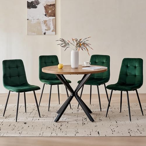 39" Round Dining Table Set for 4(Brown Table+4 Green Chairs) | Mid Centu...