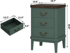 Wnutrees Farmhouse Nightstand with 3 Drawers, Modern Bedside Table, Green | Wood End Side Unit with Round Curved Corner and Metal Handles, Set of 2 Nightstands for Living Room, Hallway
