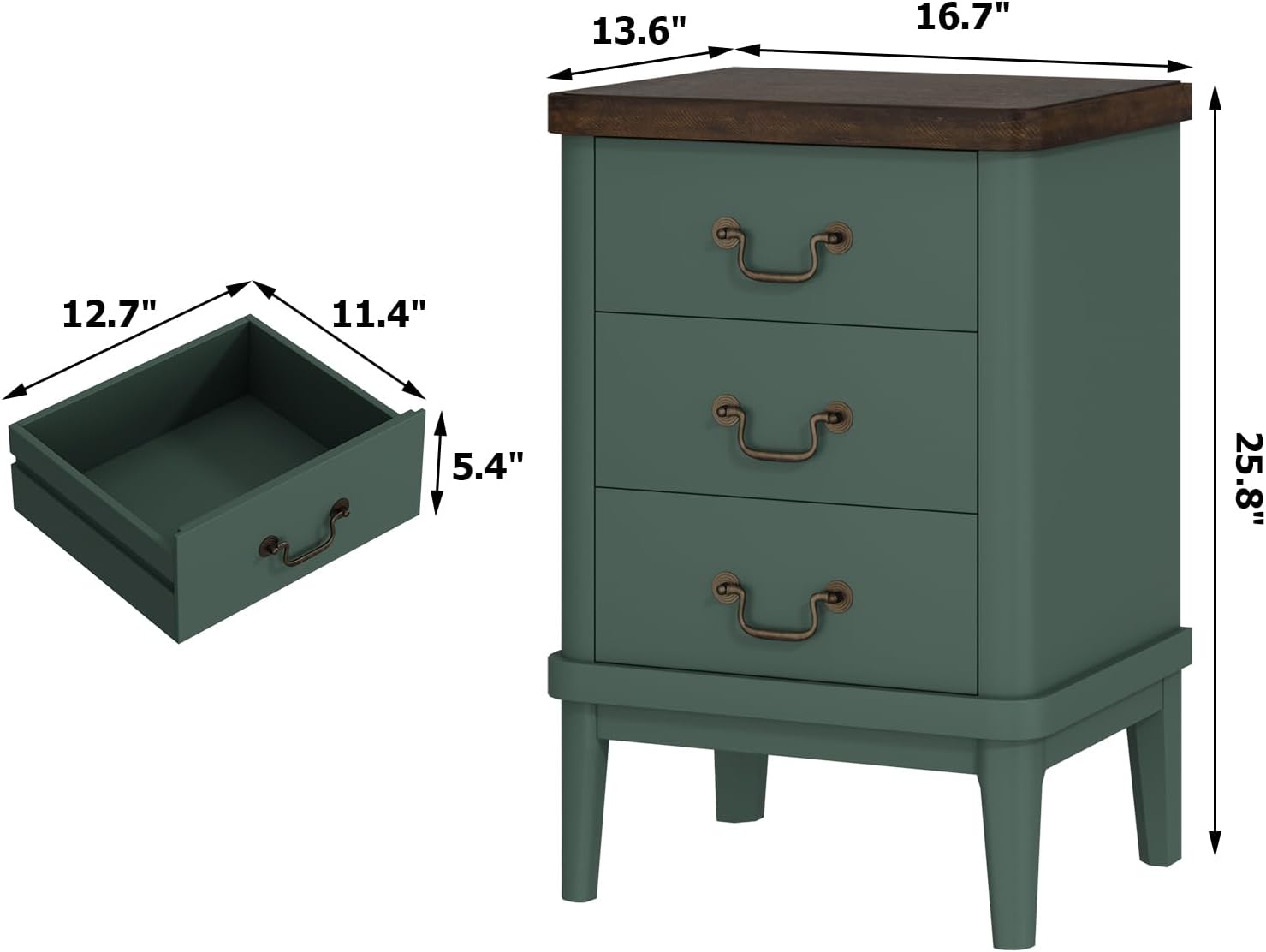 Wnutrees Farmhouse Nightstand with 3 Drawers, Modern Bedside Table, Green | Wood End Side Unit with Round Curved Corner and Metal Handles, Set of 2 Nightstands for Living Room, Hallway