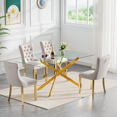 7 Piece Glass Dining Table Set Modern Glass Dining Table Set for 6, 61" Rectangular Gold Kitchen Table and 6 Velvet Upholstered Chairs, Gold Table & Beige Chair
