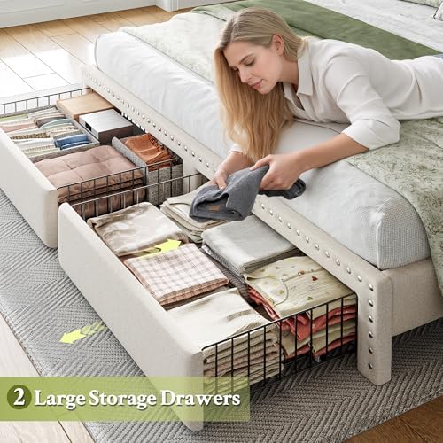 EnHomee King Size Bed Frame with 2 Drawer & 2-Tier Storage Headboard Shelf