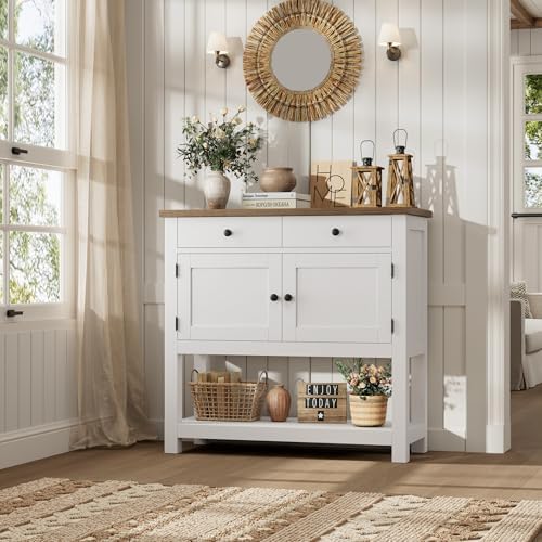 HOSTACK Farmhouse Console Table with Storage, 35.4" W Entryway Table, White