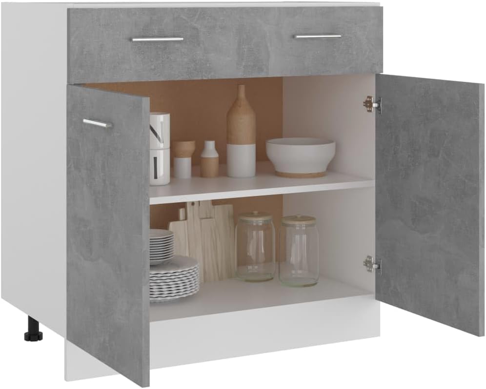Concrete Grey Engineered Wood Cabinet with Drawers, Spacious Storage for Kitchen, Pantry, Dining Room, Modern Home Furniture