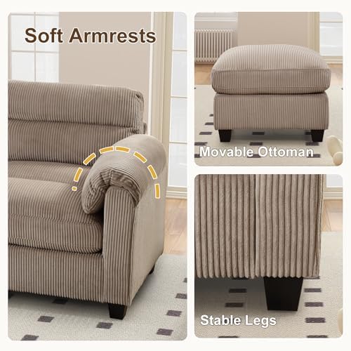 HAOMARKETS Corduroy Sofa Set, Upholstered Ottoman Footrest, Modern Living Roo...