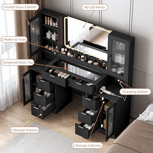 55" Vanity Desk with Mirror & Lights, Fluted Makeup Vanity with 8 Dr...