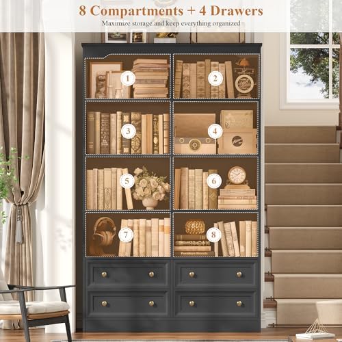 FINETONES 71" Tall Bookshelf with 4 Drawers Black Bookshelf Office Bookcase