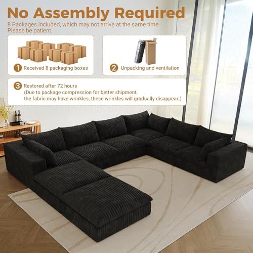 157.6" Corduroy U Shaped Modular Sectional Couch, Black | 8 Seater Overs...