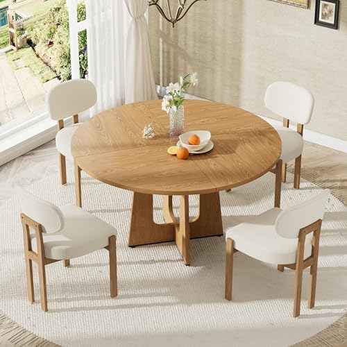 Modern 5-Piece Dining Table Set with 4 Chairs,Oak Round MDF Dining Table, Bei...