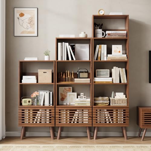 Furnify 4-Tier Narrow Bookcase with Open Shelf and Slatted Door, Walnut