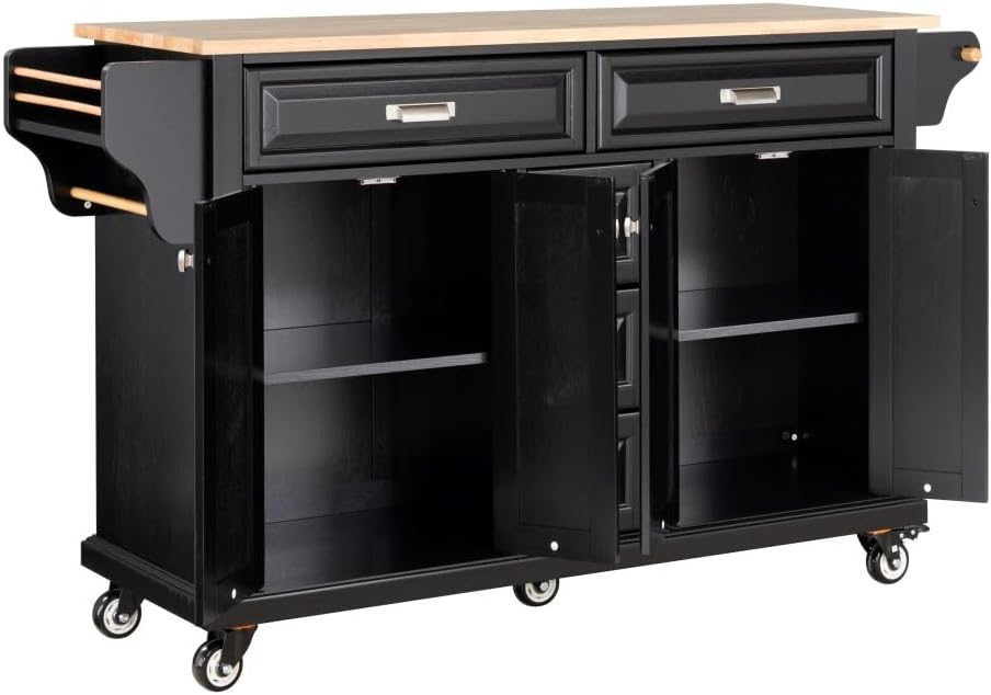 Kitchen Island with Rubberwood Top, 5 Drawers, Cabinet and Wheels, Black | Ro...