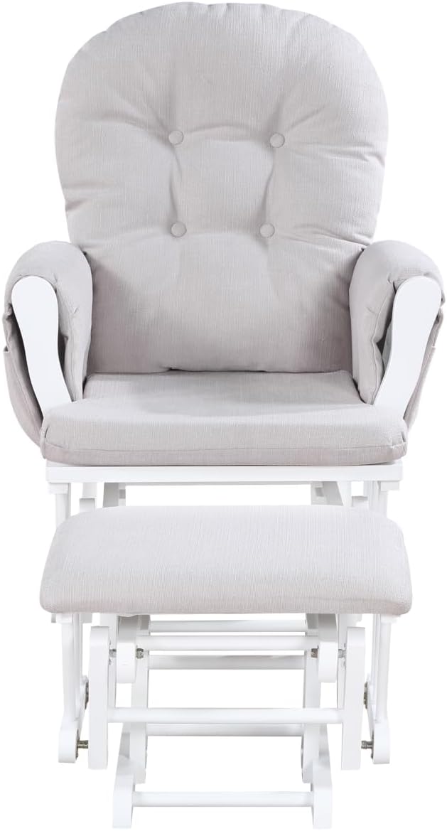 Glider and Ottoman White Wood and Woven Gray Fabric