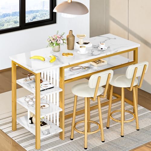 AWQM 3-Piece Bar Table and Chairs Set, Modern White Faux Marble Table with 2 ...