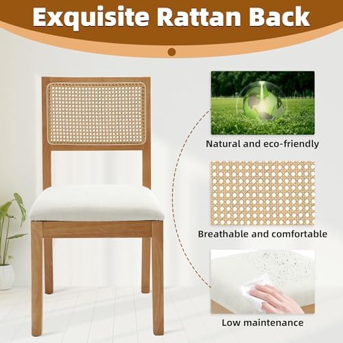 Rattan Dining Chairs Set of 2, Natural Upholstered Kitchen/Restaurant Chair