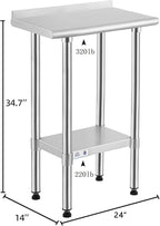 ROCKPOINT Stainless Steel Table for Prep & Work with Backsplash 14x24 Inches, NSF Metal Commercial Kitchen Heavy Duty Table with Adjustable Under Shelf and Table Foot for Restaurant, Home and Hotel