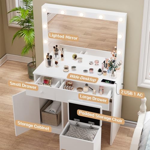 Haewon White Makeup Vanity Desk with Lighted Mirror and Storage Chiar Set | 1...