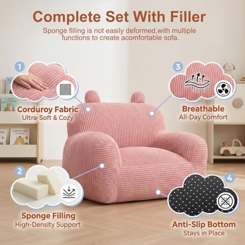 Stuffed Animal Bean Bag Storage Chair Cover (No Filler) Soft Washable Stuffable Removable Premium Organizing Plush Toys Comfortable Organizer Keep Clutter with Premium Adults (Pink, Sofa with Filler)