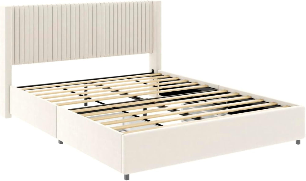 Ivory Velvet Upholstered Wingback Platform Bed with 2 Drawers, Queen Size Sto...