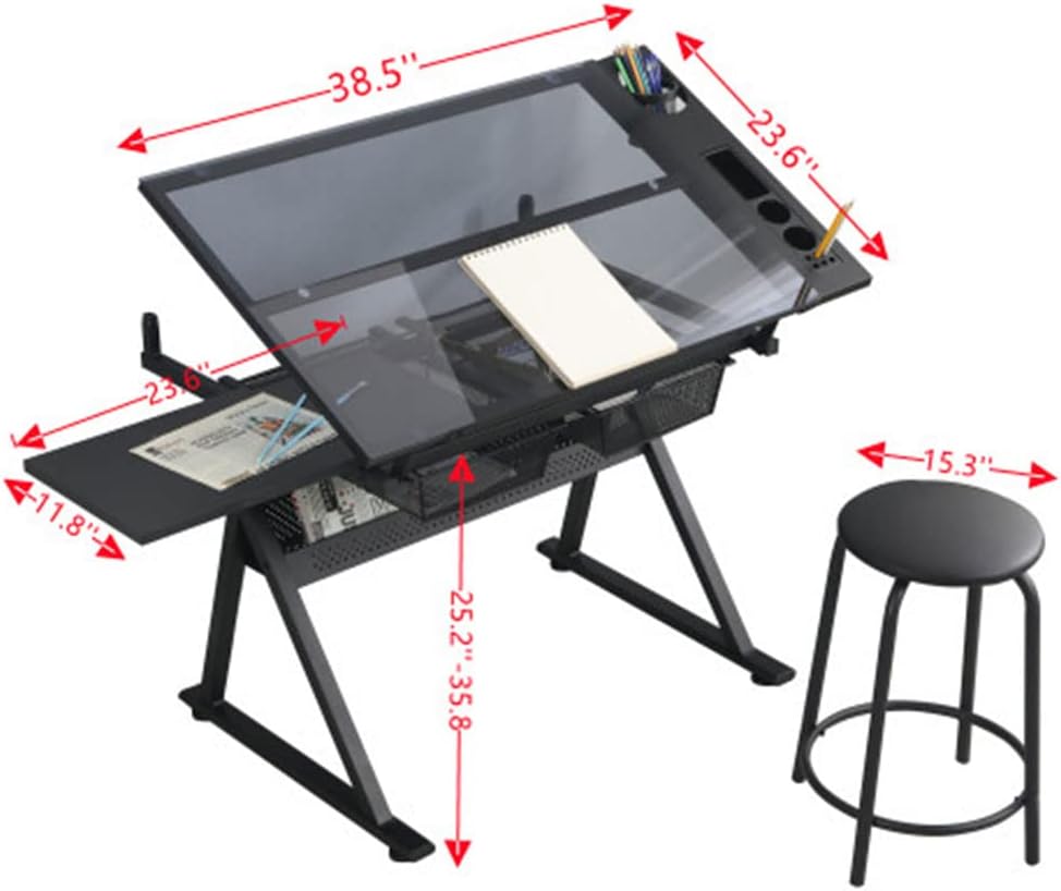 Glass Drafting Table Art Desk, Height Adjustable Multifunctional Modern Artis...