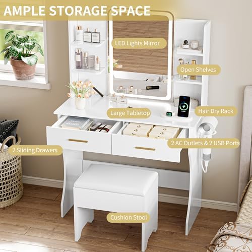 Vanity Desk with LED Lights Mirror & Power Outlet, Small Makeup Vanity Ta...