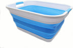 SAMMART 41L (10.8 gallon) Collapsible Plastic Laundry Basket-Foldable Pop Up Storage Container/Organizer-Portable Washing Tub, Water capacity: 32L (8.4 gallon) (Retangular, White/Marine Blue)