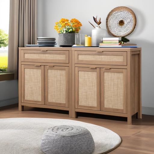 SICOTAS Sideboard Buffet Cabinet Set of 2, Rattan Credenza Storage Cabinet