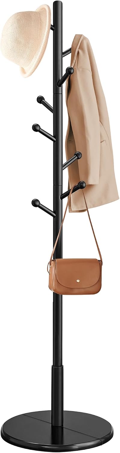 VASAGLE Solid Wood Coat Rack, Free Standing, 8 Hooks, 3 Height Options